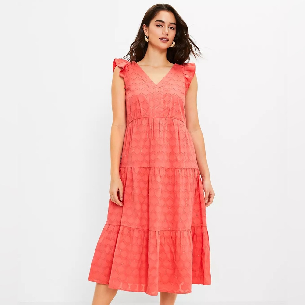 LOFT NWT Shimmer Clip Flutter Midi Dress Vibrant Coral Color, $110